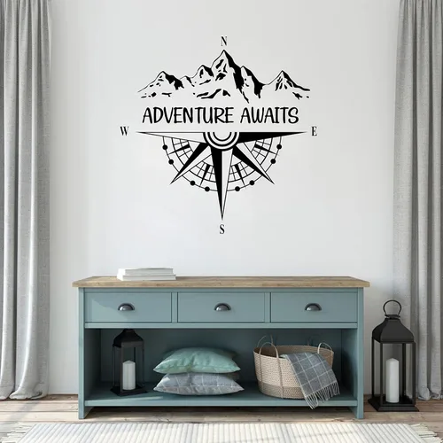 Vista 2 de Calcomanías de pared de brújula Adventure Awaits - Calcomanías de pared de vinilo para decoración de pared de dormitorio, sala de estar, Y46 (negro)