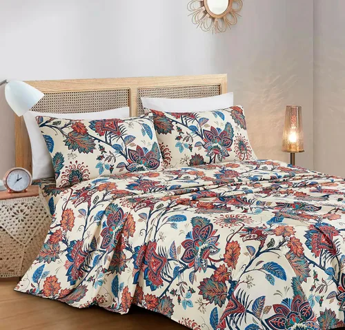 Vista 3 de Chezmoi Collection Paradise - Juego de sábanas florales de 3 piezas, multicolor, azul, rojo, naranja, crema, de microfibra con bolsillo profundo