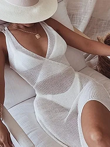 Vista 3 de Avanova Traje de baño de ganchillo halter para mujer con abertura lateral espalda descubierta transparente