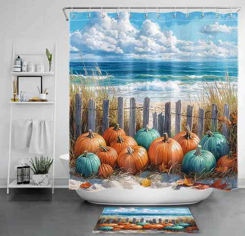 Vista 8 de LB Cortina de ducha espeluznante de Halloween, lindo fantasma en flores, árbol negro, luna llena, cortinas de ducha para baño, tela de poliéster