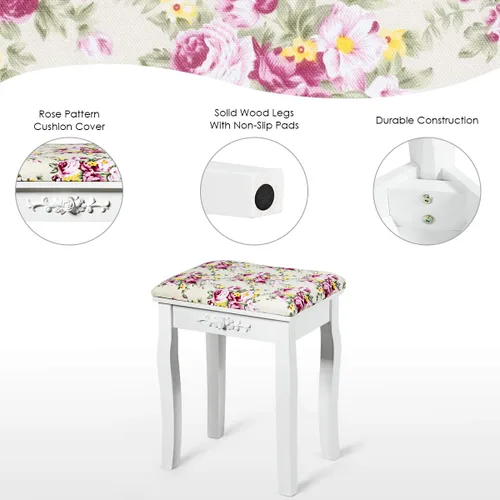 Vista 4 de Giantex Taburete de tocador de madera, silla acolchada, asiento de piano de maquillaje, banco de maquillaje con cojín rosa (blanco)
