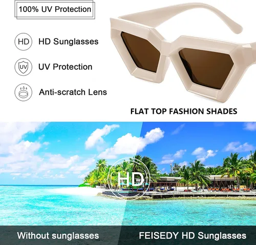 Vista 4 de FEISEDY Cateye - Gafas de sol con marco grueso para mujeres y hombres, cuadradas, vintage, polígono futurista, Sunnies B4079