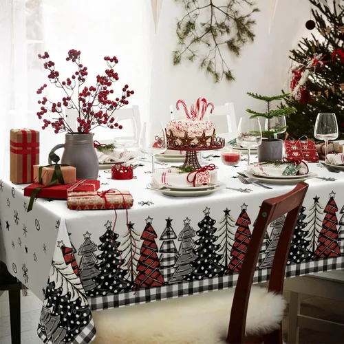 Vista 3 de Horaldaily 1 paquete de mantel desechable de Navidad, cubierta de mesa rectangular de plástico con árboles de nieve para decoración de fiesta