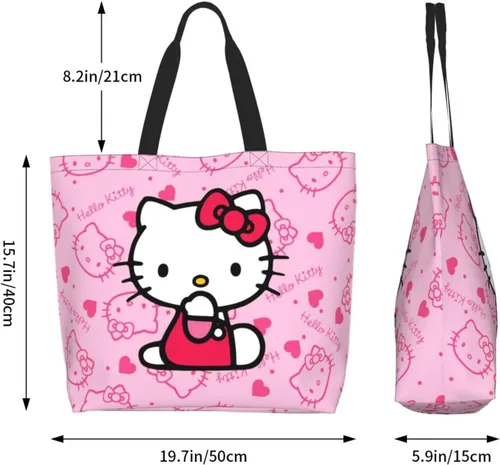 Vista 6 de Bolso de mano Kawaii rosa con gato para mujer, lindo bolso de hombro grande, bolso cruzado para el trabajo, viajes, compras