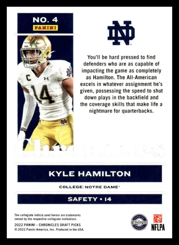 Vista 2 de 2022 Panini Chronicles Draft Picks Chronicles Draft Picks Pink #4 Kyle Hamilton NM-MT Notre Dame Fighting Irish Football Trading Card