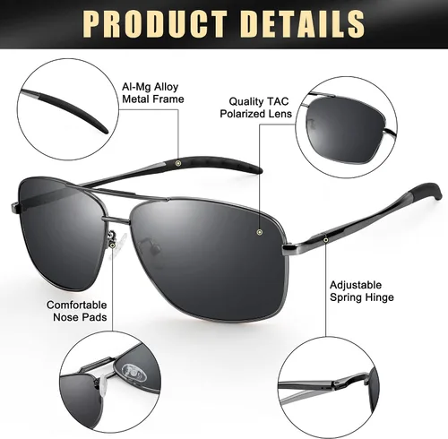 Vista 4 de Peekaco Gafas de sol polarizadas cuadradas estilo aviador para hombres y mujeres marco de metal completo estilo piloto para pesca y conducción