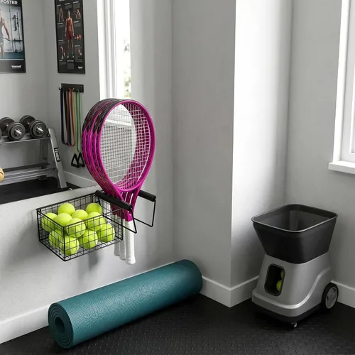 Vista 3 de MyGift Raqueta de tenis de metal colgante y cesta de almacenamiento de pelota de tenis, soporte de raqueta montado en la pared