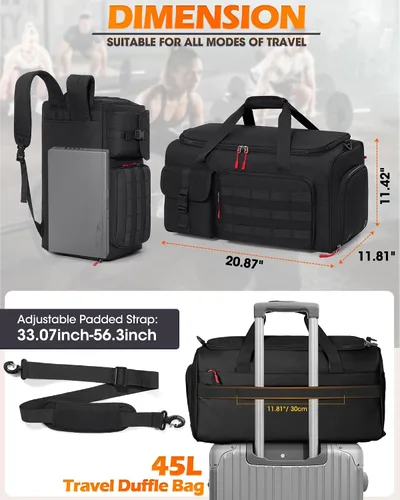 Vista 5 de RAINSMORE Bolsa de gimnasio para hombres, bolsa de viaje deportiva de 45 litros con compartimento para zapatos y laptop, mochila de entrenamiento