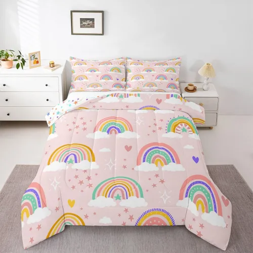 Vista 20 de Erosebridal Juego de edredón arcoíris de 2 piezas, edredón de nube de dibujos animados kawaii iridiscente individual para niños, niñas, mujeres