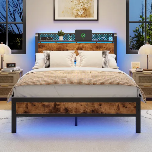 Vista 11 de Furnulem Base de cama tamaño individual con luces LED y estación de carga, base de cama con cabecera de almacenamiento de madera, cama de plataforma