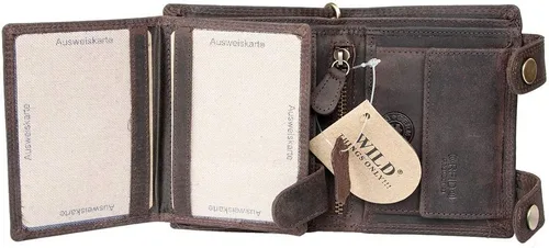Vista 4 de FLW Cartera de cuero genuino RFID marrón con dos hebillas y cadena de metal, Marrón, Casual