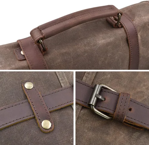 Vista 9 de Bolso mensajero para hombre de 15.6 pulgadas, impermeable, de cuero auténtico, encerado, maletín de lona grande, bolso de hombro de cuero resistente