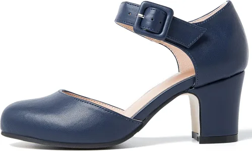 Vista 4 de Enelauge Zapatos de tacón grueso con hebilla y hebilla para el tobillo con punta redonda cerrada para mujer, sandalias de vestir D'Orsay
