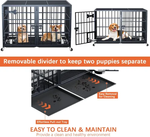 Vista 7 de Dosker Jaula de 42 pulgadas de metal resistente para perros con divisor para 2 perros/perro grande, jaula a prueba de escapes con parte superior