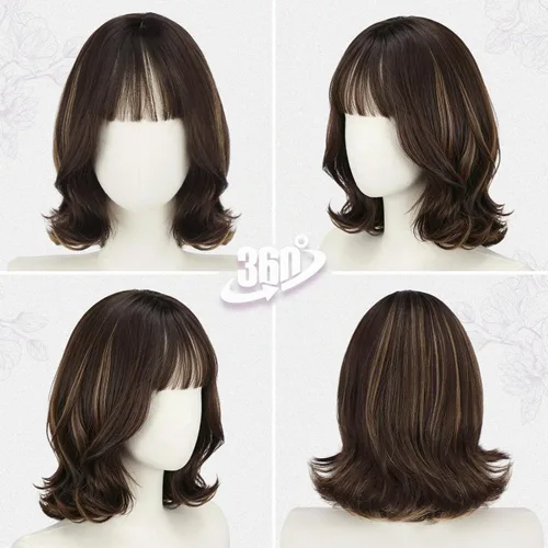 Vista 5 de BARSDAR Synthetic Short Layered Brown Highlights Bob Wig with Wispy Bangs