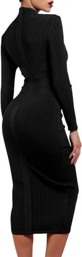 Vista 3 de UONBOX Vestido de manga larga para mujer, con tirantes cruzados, acanalado, para club, fiesta, midi