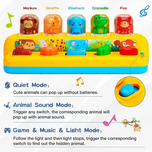 Vista 4 de Juguetes interactivos emergentes de animales con música y luz, juguetes Montessori de causa y efecto para niños y niñas de 1 año, juguete musical