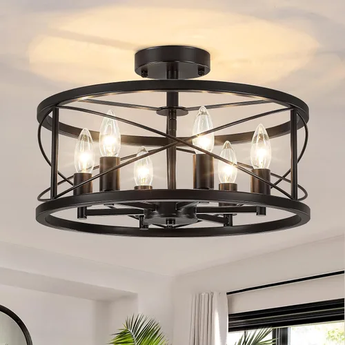 Vista 11 de Lámpara de techo moderna de granja de madera semiempotrada, accesorios de iluminación de pasillo y entrada, lámpara de techo industrial rústica de 3