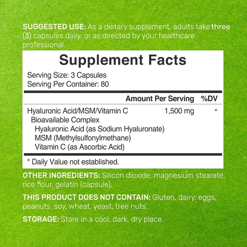 Vista 2 de DEAL SUPPLEMENT Complejo de ácido hialurónico 1,500 mg - 240 cápsulas, con MSM y vitamina C