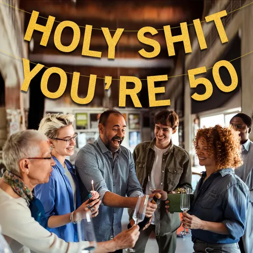 Vista 5 de Decoraciones de fiesta de 50 cumpleaños, pancarta para mujeres y hombres, cartel de decoración de fiesta de cumpleaños con purpurina dorada