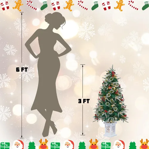 Vista 7 de Árbol de Navidad artificial preiluminado de 3 pies con base vintage en Árbol de abeto de Navidad iluminado con luces LED, funciona con pilas y 8