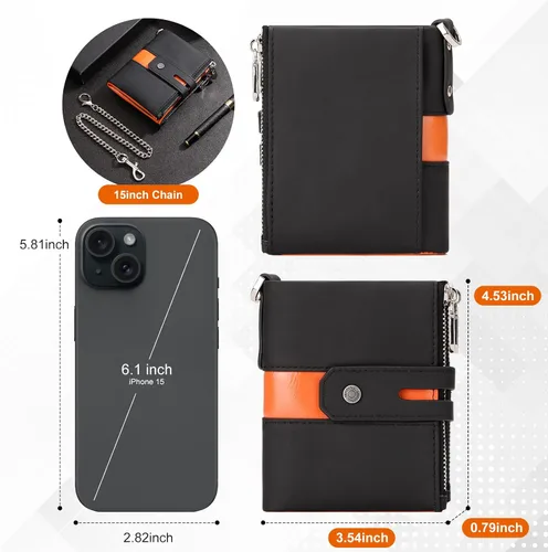 Vista 3 de gzcz Billeteras para hombre con cadena de cuero genuino plegable para hombre Rfid bloqueo monedero con tarjeta de crédito, BP901-Negro con Naranja