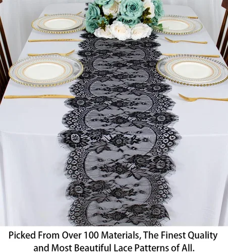 Vista 3 de ShinyBeauty Camino de mesa de encaje negro de 13 x 120 pulgadas, mantel de encaje floral vintage, tela de encaje bordada, caminos de mesa negros