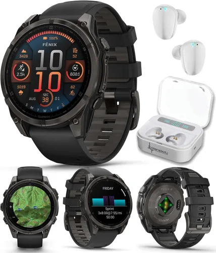 Vista 34 de Garmin Fenix 0.315 – 1.693 in Zafiro, AMOLED Multisport GPS Smartwatch, gris carbón DLC titanio con silicona negro/gris guijarro, linterna LED fenix