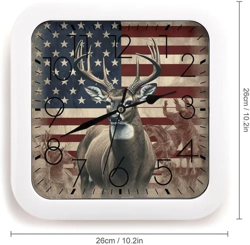 Vista 2 de 10" Square Modern Wall Clock,Americana Flag Deer Print Kitchen Clocks Wall Battery Operated,Silent Non Ticking Unique Funny Cute Wall Clock for