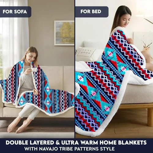 Vista 4 de TrailCrest Manta de forro polar sherpa, acogedora manta azteca de felpa para adultos, para hombres y mujeres, reversible con estampados aztecas