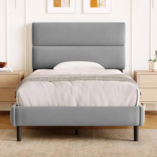 Vista 9 de GRUSIGN Base de cama de plataforma de tamaño individual con cabecera de terciopelo, soporte de listones de madera de altura ajustable, base