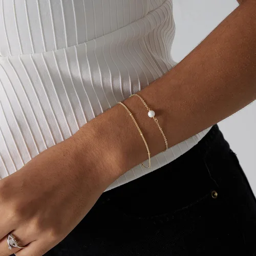Vista 2 de ASCOMY Delicadas pulseras de perlas para mujer, chapadas en oro de 14 quilates, hechas a mano, pulsera de perlas con clip, joyería de regalo