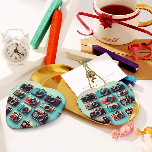 Vista 6 de Retro Cool Camera Collection Print Christmas Tree Ceramic Heart Shape Hanging Ornament, Christmas Home/Mall Decor