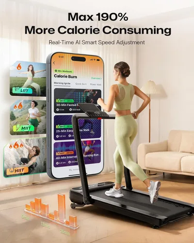 Vista 2 de UREVO Smart Treadmill with 9% Incline, 3-in-1 Foldable Treadmill with Handle for Home/Office Fitness, Runner-Focused Design, 6 HIIT Programs & Auto