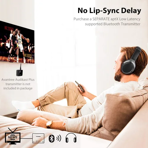 Vista 8 de Avantree Aria Pro aptX-HD Bluetooth 5.0 - Auriculares con cancelación activa de ruido con micrófono para música y llamadas, opción de SSD