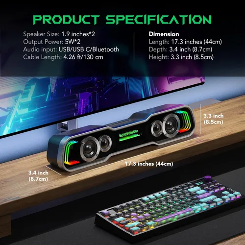 Vista 6 de Black Shark - Altavoces para computadora Bluetooth para escritorio, altavoz para PC de juegos con iluminación RGB multicapa dinámica y graves