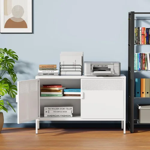 Vista 23 de Gabinete de almacenamiento de metal ancho negro, gabinete de acento de 2 puertas para el hogar y la oficina, gabinete de metal bajo de 2 niveles
