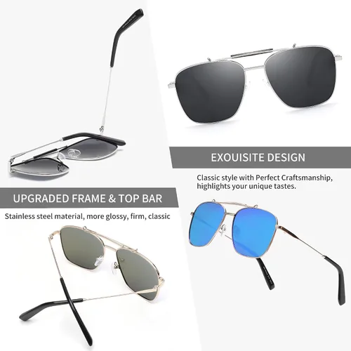 Vista 4 de JIM HALO Gafas de sol de aviador cuadradas de gran tamaño para hombres y mujeres, marco de metal polarizado retro UV400