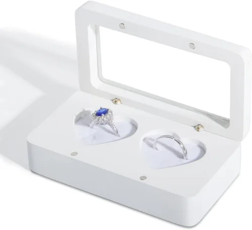 Vista 2 de Caja de anillos para ceremonia de boda, soporte de madera blanca con doble corazón para boda y compromiso (rectángulo blanco)