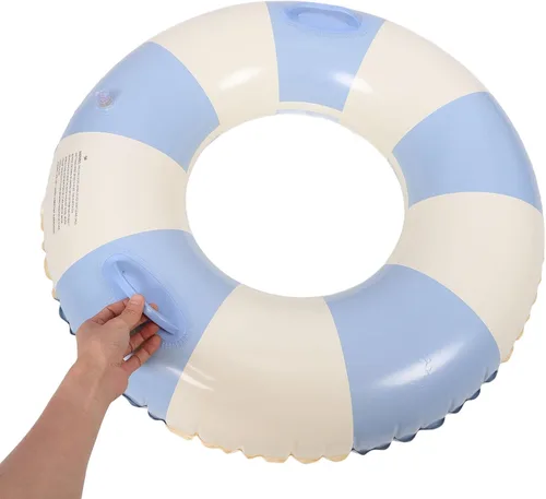 Vista 9 de Garneck Anillo de natación inflable de 32.3 pulgadas, diseño retro a rayas, flotante, flotadores de piscina con asas, anillos de PVC para adultos