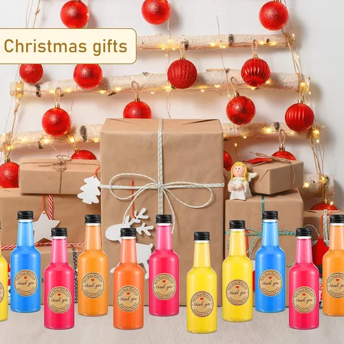 Vista 6 de Roshtia Mini botellas de licor – 30 piezas con 2 hojas de calcomanías, botellas de plástico de 5 onzas de alcohol espiritual para bodas, suministros