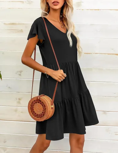 Vista 4 de HOTOUCH Vestido casual escalonado con bolsillos, cuello en V, con volantes, manga casquillo, vestido acampanado