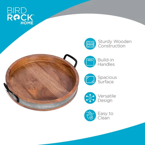 Vista 3 de BIRDROCK HOME Bandeja Grande Redonda de Madera para Servir con Asas y Acentos de Hierro - Bandeja Redonda de Barril para Sala de Estar, Cocina