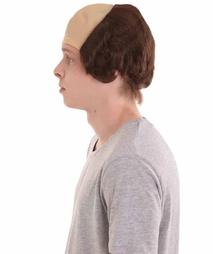 Vista 3 de Peluca de padre fraile calvo marrón para hombre adulto, cabello liso marrón con gorra calva de piel, perfecta para tu fiesta de Halloween y cosplay