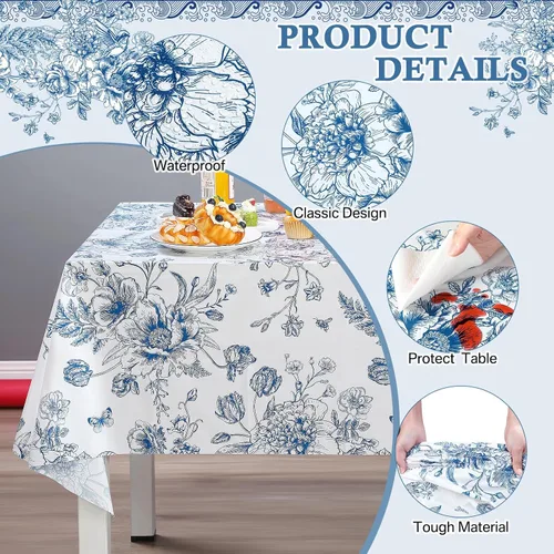 Vista 3 de Tiamon 1 mantel de plástico floral azul de 54 x 108 pulgadas, mantel rectangular vintage desechable con flores azules azul marino y blanco