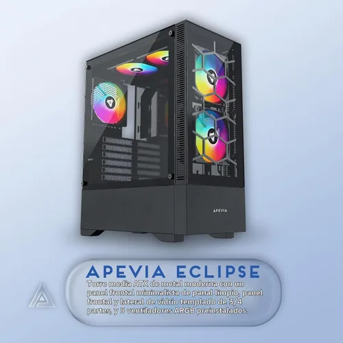 Vista 2 de Apevia Eclipse-BK Eclipse Carcasa de PC de Torre Media para Juegos con 5 Ventiladores ARGB de 120mm, 366 Modos de Luz RGB, Diseño Minimalista
