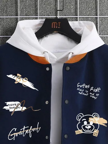 Vista 3 de SHENHE Chaqueta de béisbol con botones y eslogan para hombre