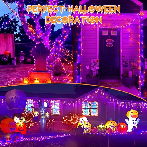 Vista 2 de Guirnalda de luces moradas y naranjas de Halloween, se pueden conectar entre sí, 2 unidades, 164 pies, 400 LED, 13 modos, impermeable