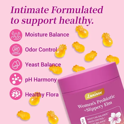 Vista 3 de Her Juicy - Gomitas de probióticos femeninos para mujeres, con prebióticos y olmo resbaladizo, promueve el equilibrio del pH, la salud intestinal