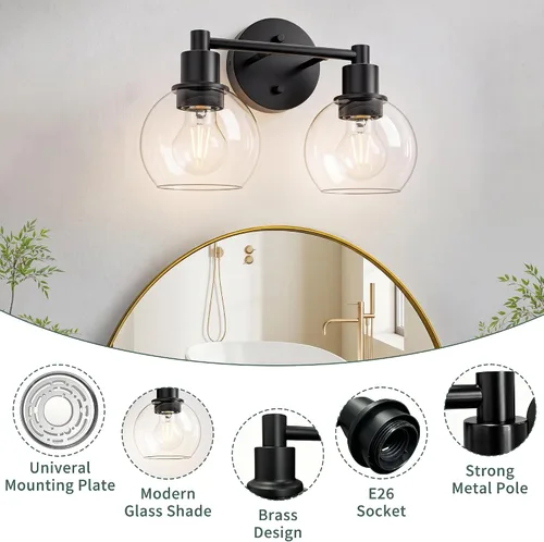 Vista 3 de 2 lámparas de baño, luces de tocador negras, luces de tocador de baño de granja, 2 luces, globo negro mate, accesorio de iluminación sobre espejo